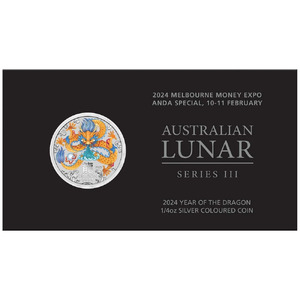 Australian Lunar Series III 2024 Year of the Dragon 1/4oz Silver Coloured Coin in Card - Melbourne Money Expo 2024